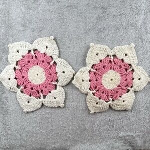 Handmade Crochet Yarn Doily Coasters Pink White Dainty‎ Cottagecore Country